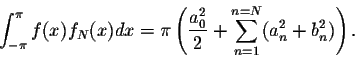 \begin{displaymath}\int_{-\pi}^{\pi}f(x)f_N(x)dx = \pi \left(\frac{a^2_0}{2} + \sum_{n=1}^{n=N}(a^2_n + b^2_n)\right).\end{displaymath}